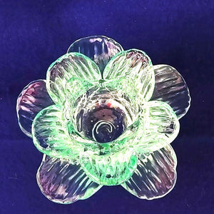 Candle Holder Tealight Green Glass Flower Shaped Footed