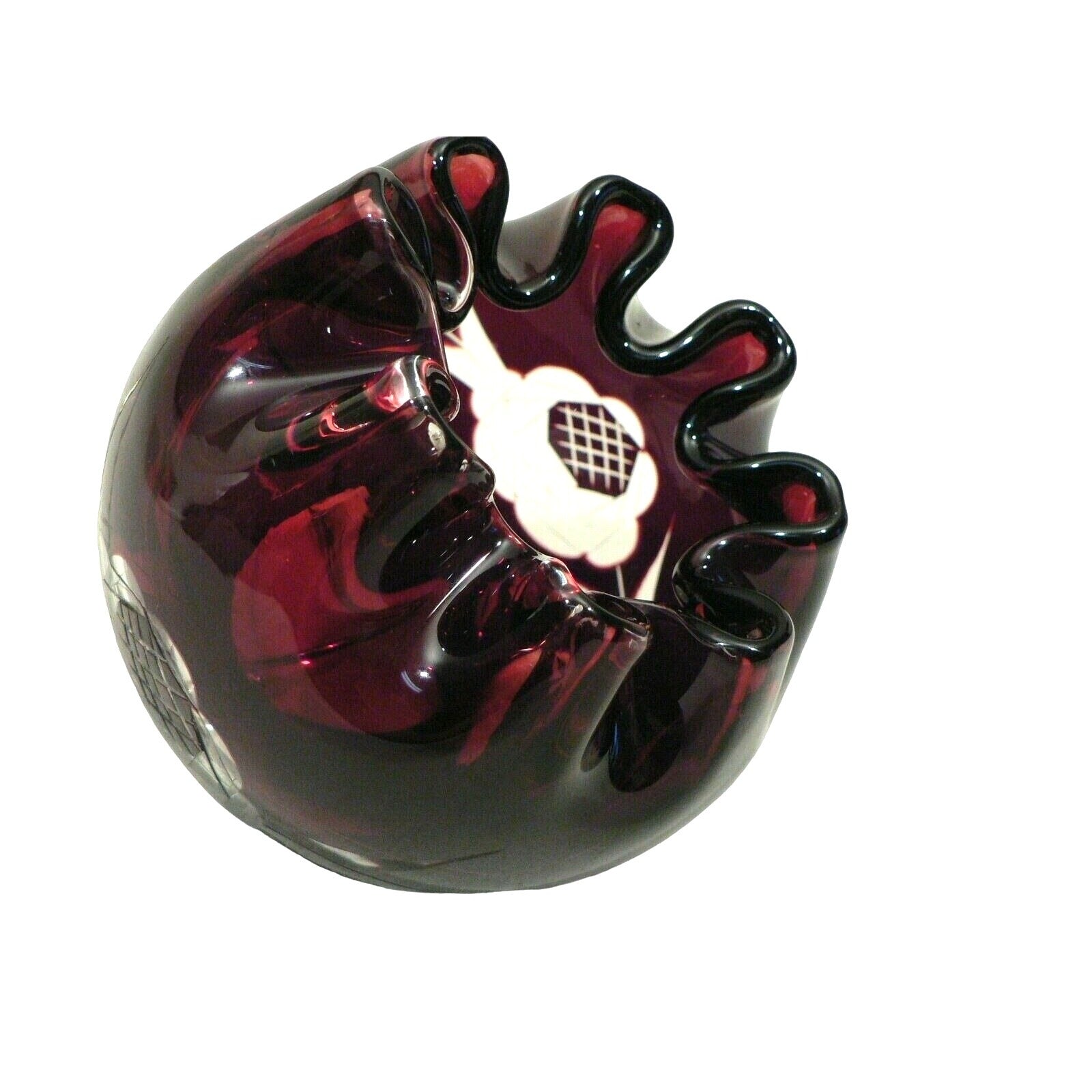 Ruby red vase folded rim glass orb. Floral design etched through to clear