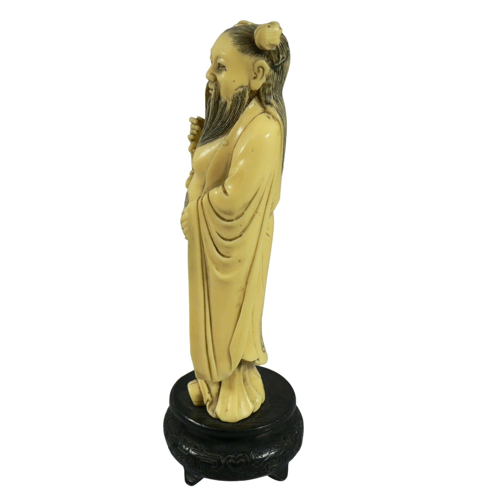 Figurine Chinese Male Robed Bearded Hand Carved Chop Marked Asian Markings 8.5"