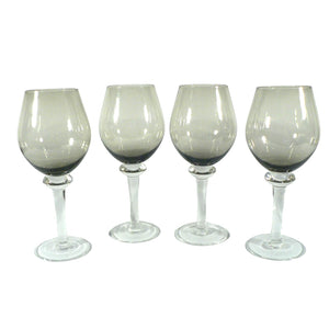 Wine Glass Goblet Smoked Gray Clear Stem Set of 4 Vintage Glassware 10"