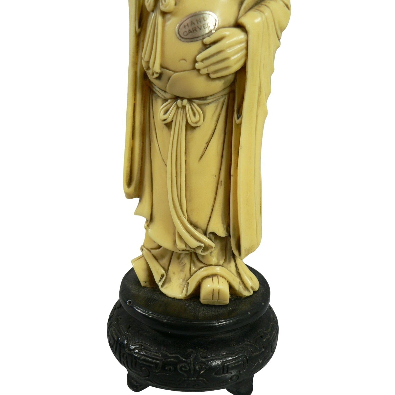 Figurine Chinese Male Robed Bearded Hand Carved Chop Marked Asian Markings 8.5"