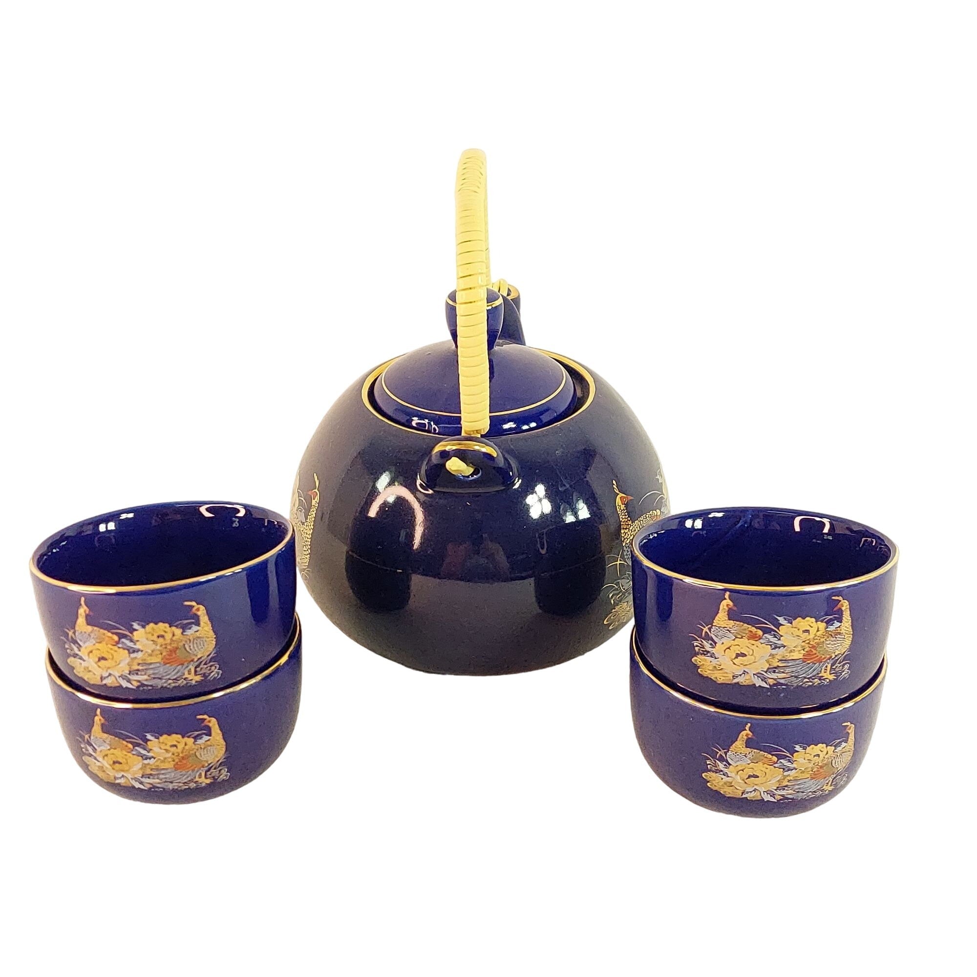 Asian Tea Set Teapot and 4 cups Cobalt Blue Ceramic Vintage Pheasants Floral