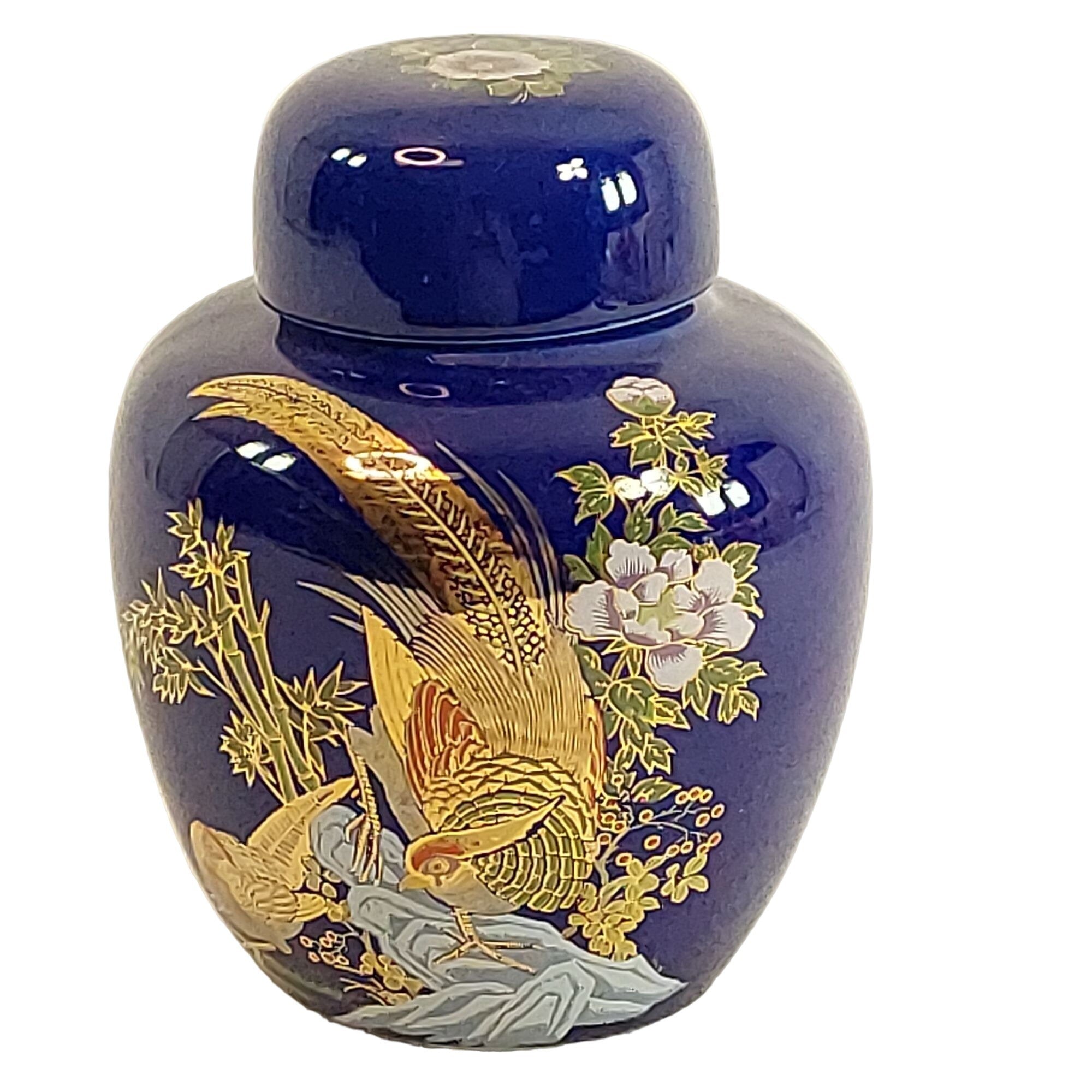 Ginger Jar Pheasant Design Details Cobalt Blue Gold Accents Vintage Decor 5.25"