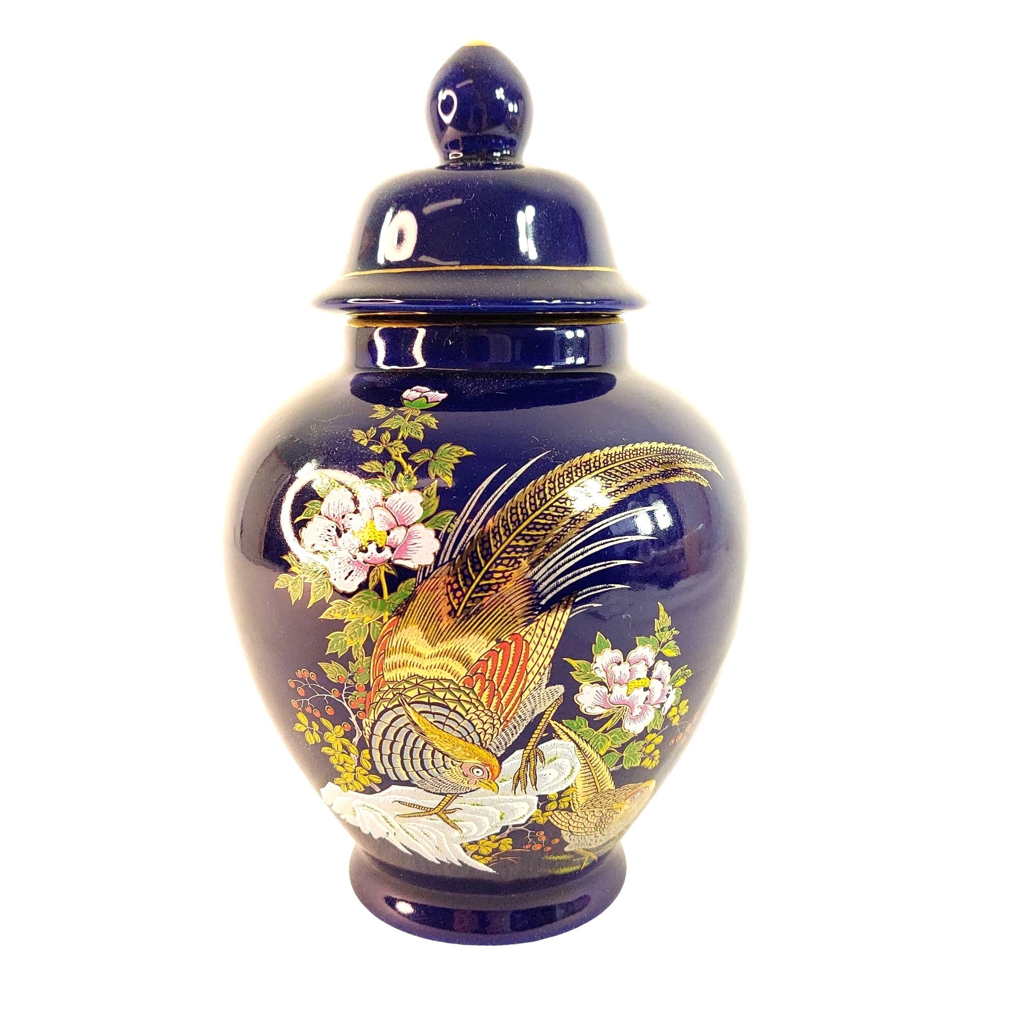 Jar Lidded Ginger Jar Asian-Inspired Pheasant Florals Vintage Home Decor 8.5"