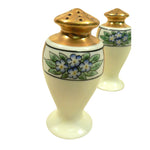 Load image into Gallery viewer, Salt Pepper Shakers Hand Painted Ceramic Cork Stopper Gold Tone Tops Vintage
