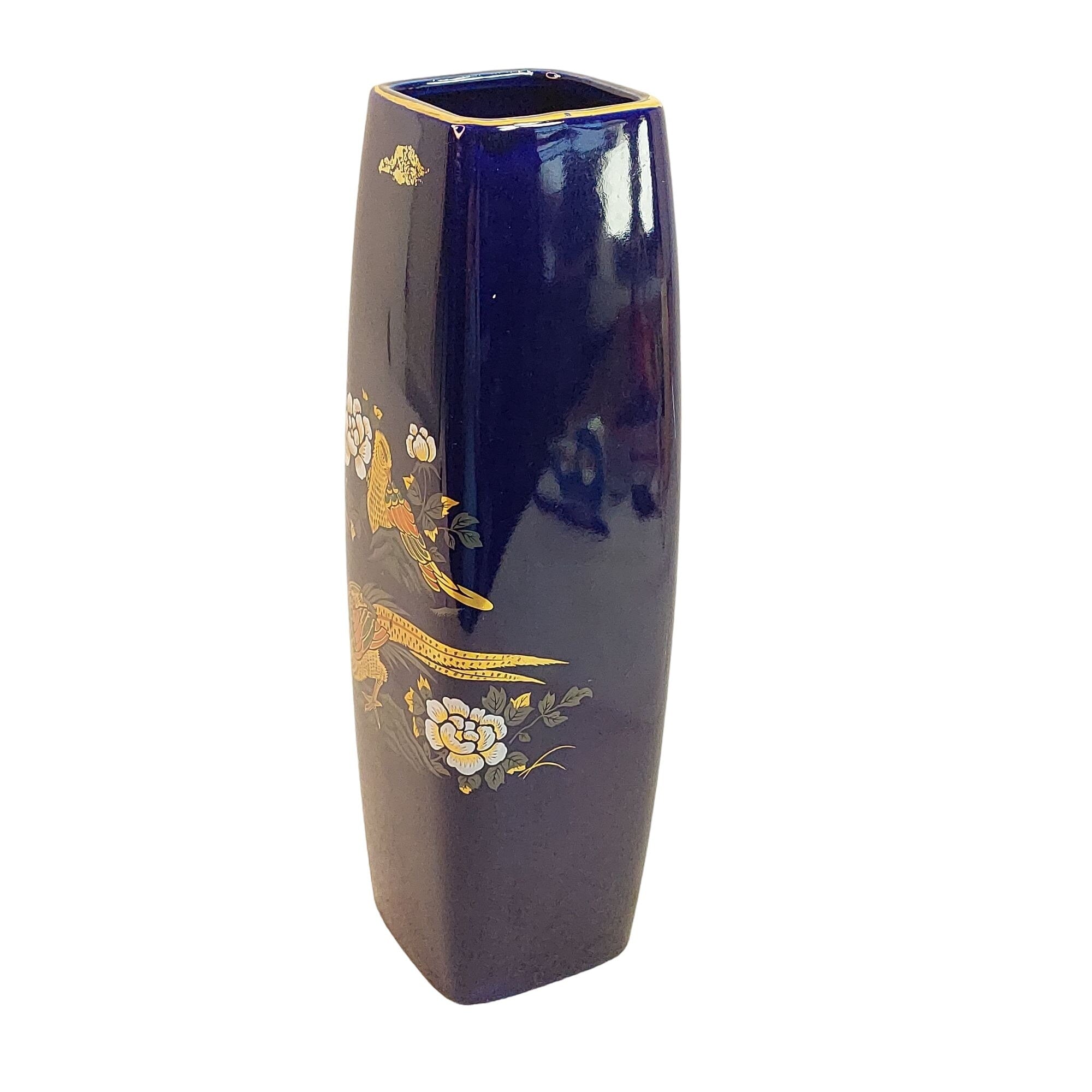 Vase 4 Sided Birds Floral Blue Cobalt Ceramic Asian Home Decor 9.75"