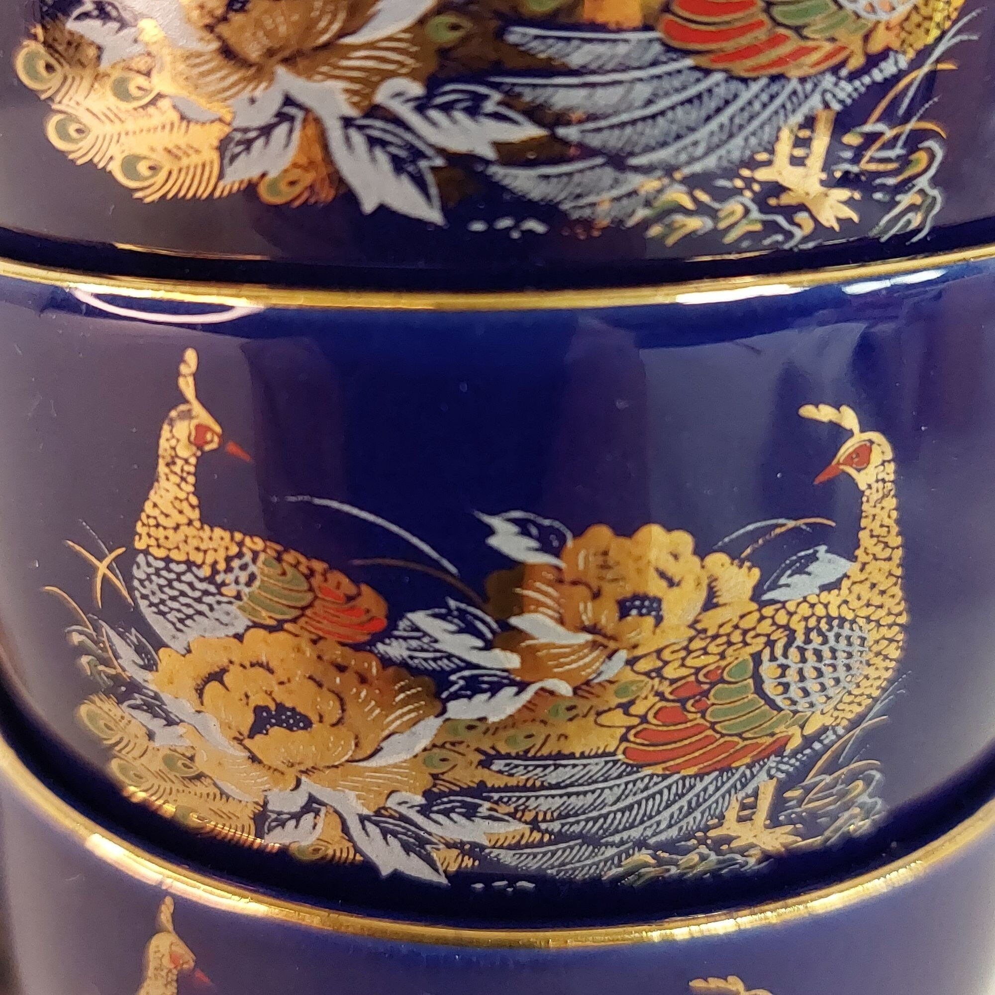 Asian Tea Set Teapot and 4 cups Cobalt Blue Ceramic Vintage Pheasants Floral