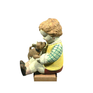 Bisque ceramic figurine matte finish hand painted sitting boy with dog Japan