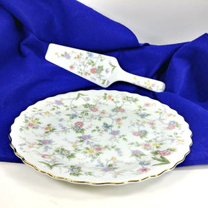 Cake Plate and Slicer Knife Andrea by Sadek Serving set Corona Porcelain Japan