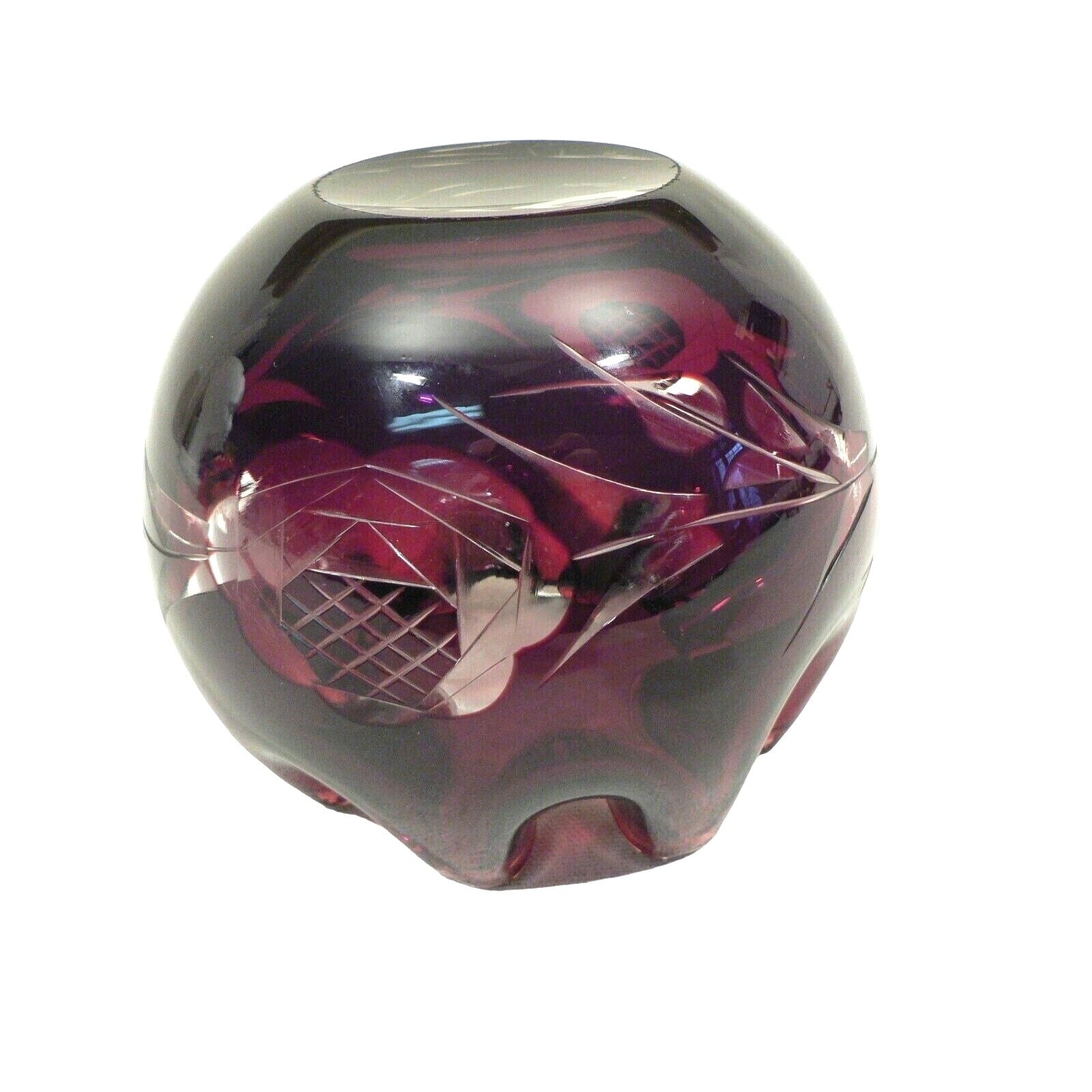 Ruby red vase folded rim glass orb. Floral design etched through to clear