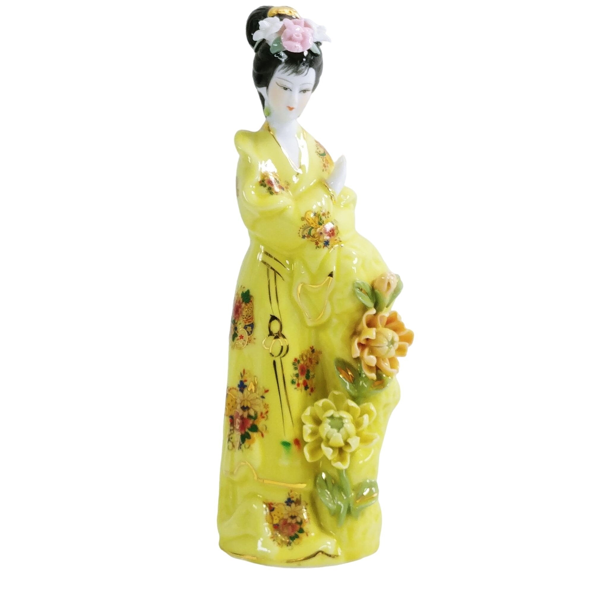 Figurine Asian Geisha Girl Bisque Face Hand Painted Ceramic 9.5"