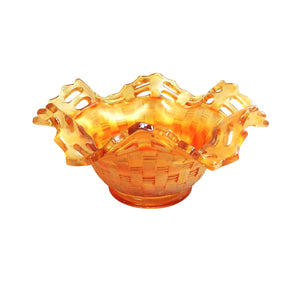 Carnival Glass Marigold Basket Weave Dish Ruffled Open Lattice Edge