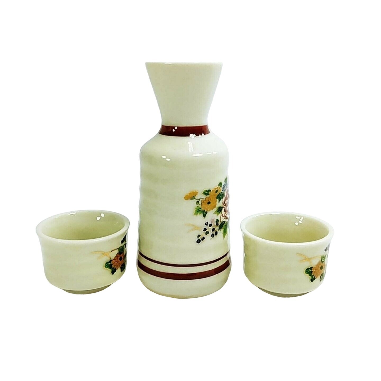 Sake Japanese 3-pc Set Asian Floral Design with Gold Outline Chop marked