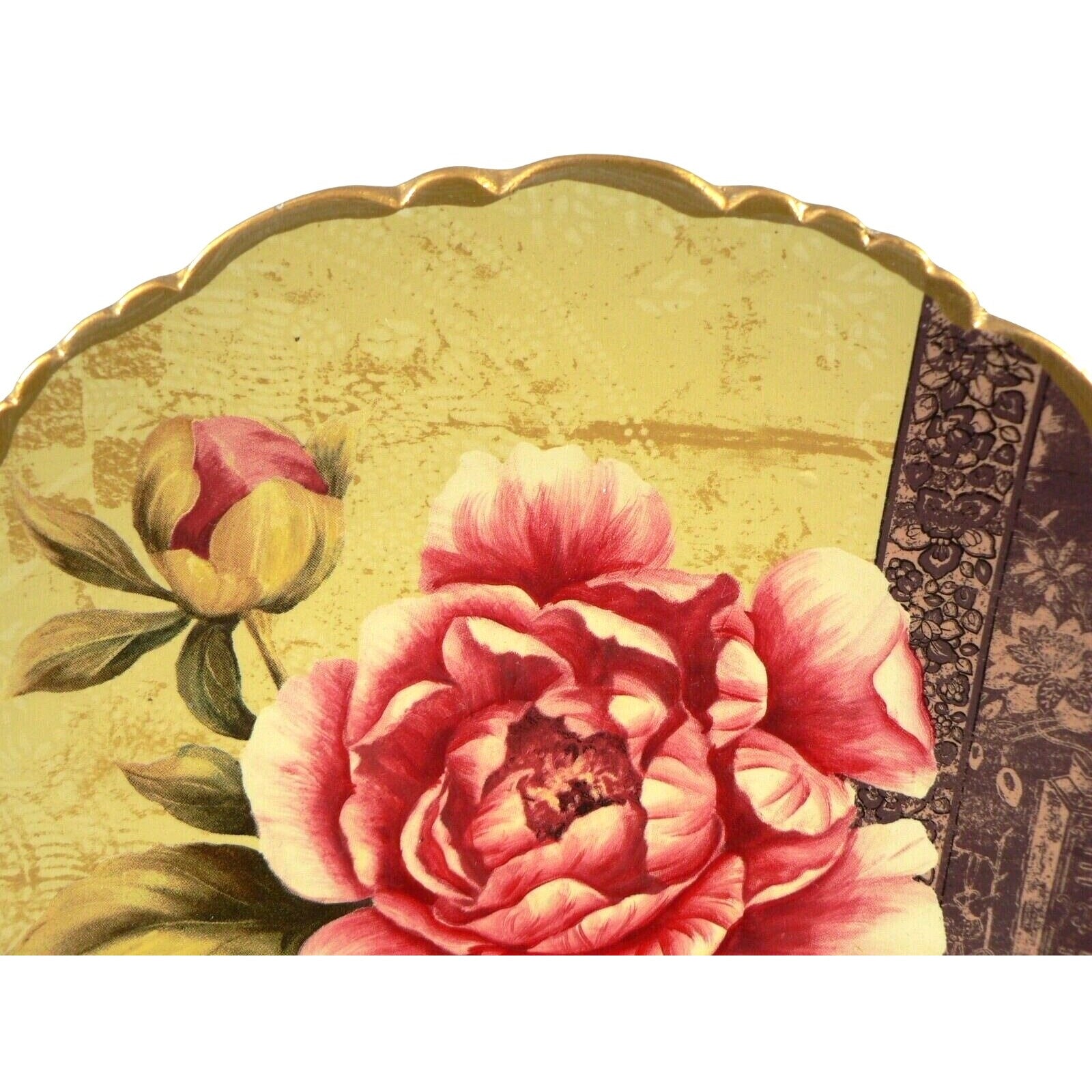 Asian Decorative Plate and Easel Stand Rose Floral Scallop Edge