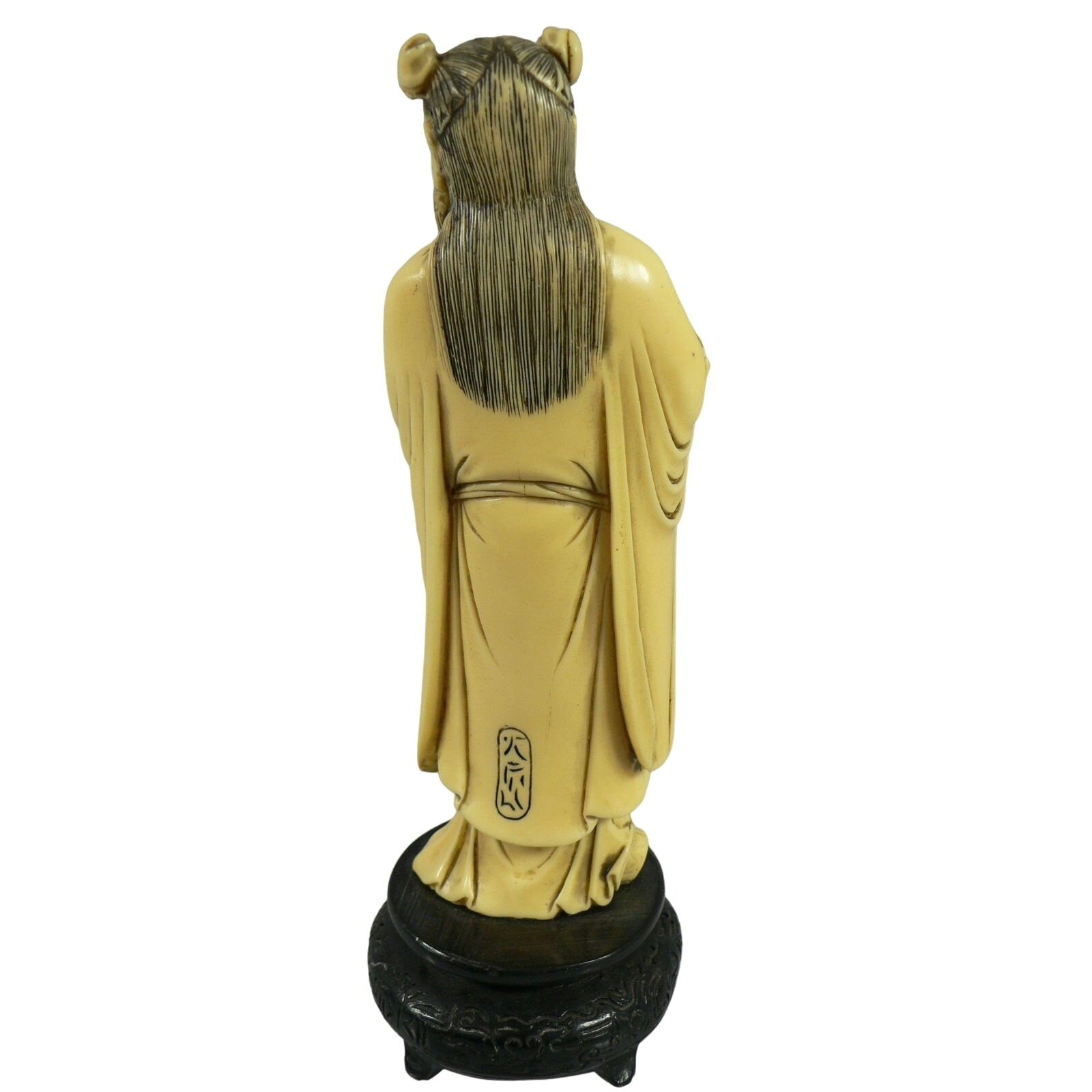 Figurine Chinese Male Robed Bearded Hand Carved Chop Marked Asian Markings 8.5"